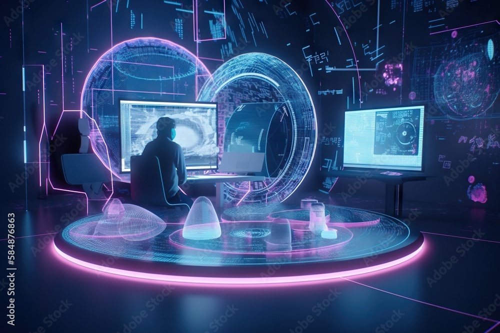 Aufkleber a person sitting in front of a computer monitor in a room conference room animation motion graphics