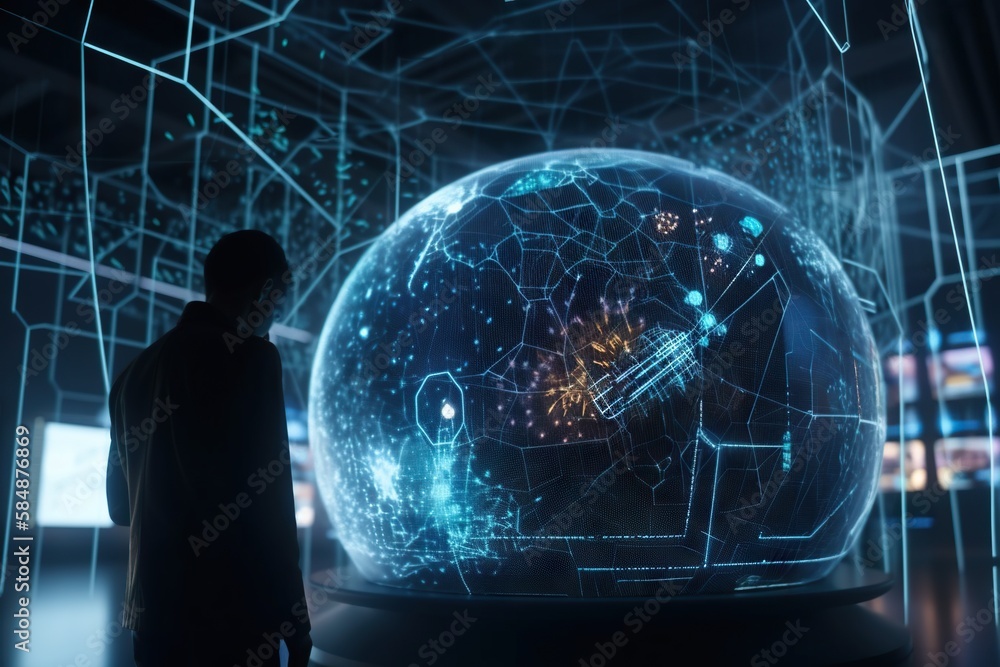 Poster a person standing in front of a large glass ball with a map on it aquarium animation artificial inte