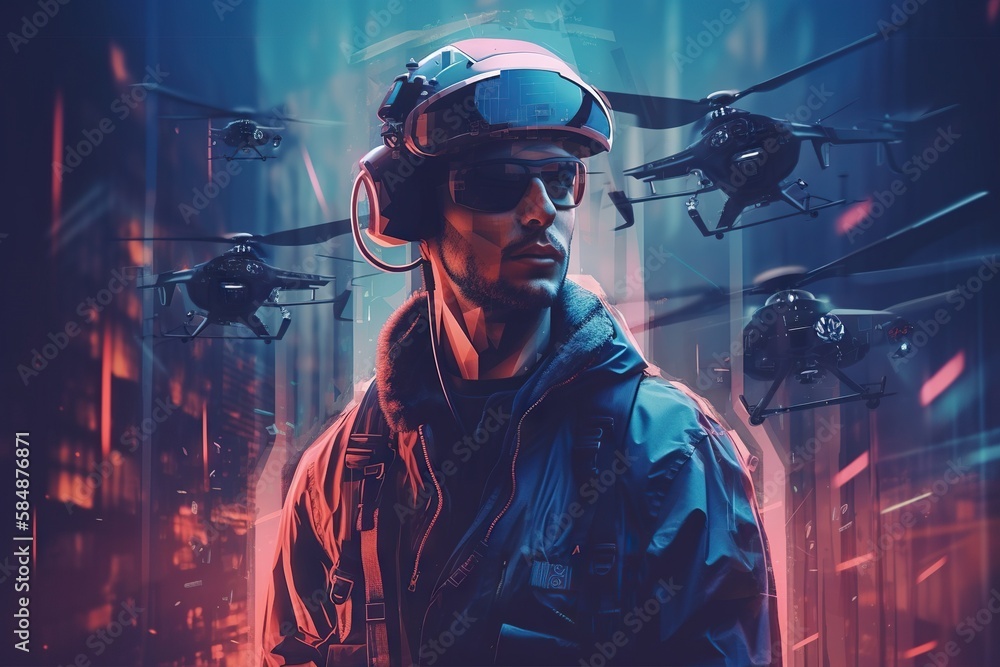 Poster a man wearing a helmet and goggles in front of a bunch of flying objects military base digital art v