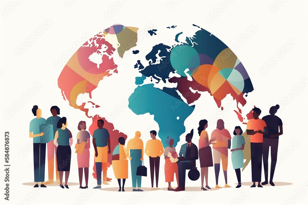 Poster a group of people standing around a world map with a white background workshop graphic design divers