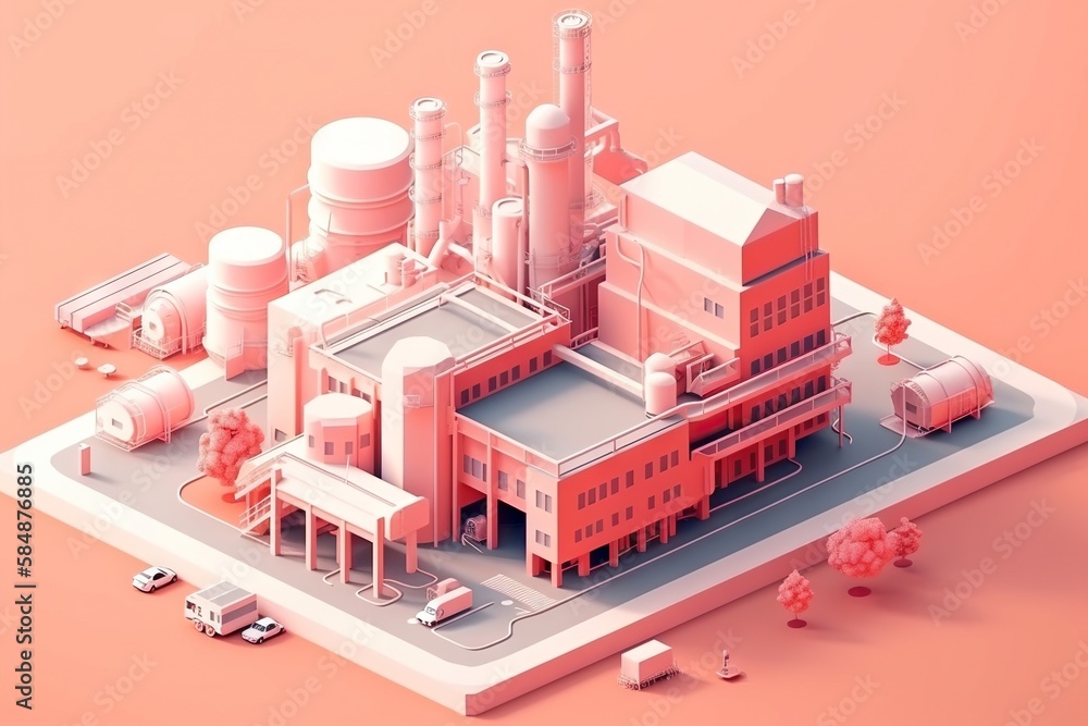 Poster a computer generated image of a factory building with a pink background power plant animation motion