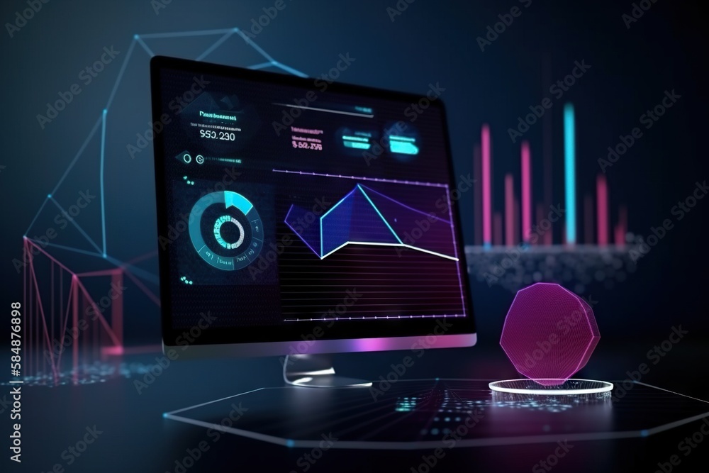 Poster a computer monitor sitting on top of a desk next to a pink ball radio station animation data analyti