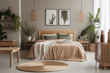 Minimalist bedroom with wooden bed, imitation poster frame, rattan basket, plants, books, and stylish accessories. Elegant linens, blanket, and pillow. Template. Décor. Generative AI