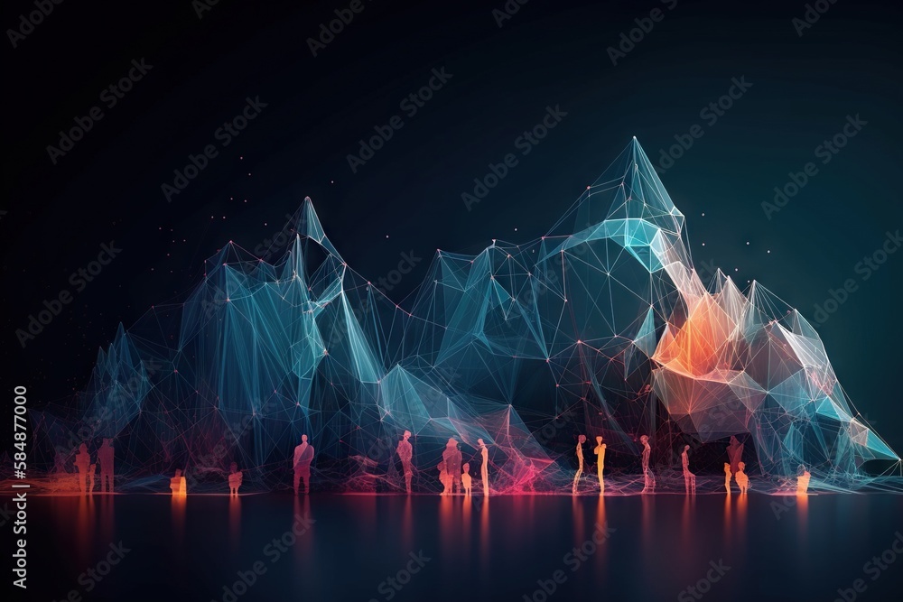 Poster A Group Of People Standing In Front Of A Mountain With A Line Of Lines Factory Graphic Design Data Analytics Generative AI 