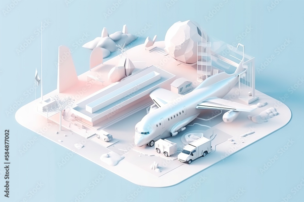 Poster a large jetliner sitting on top of a runway next to a building airport animation motion graphics gen