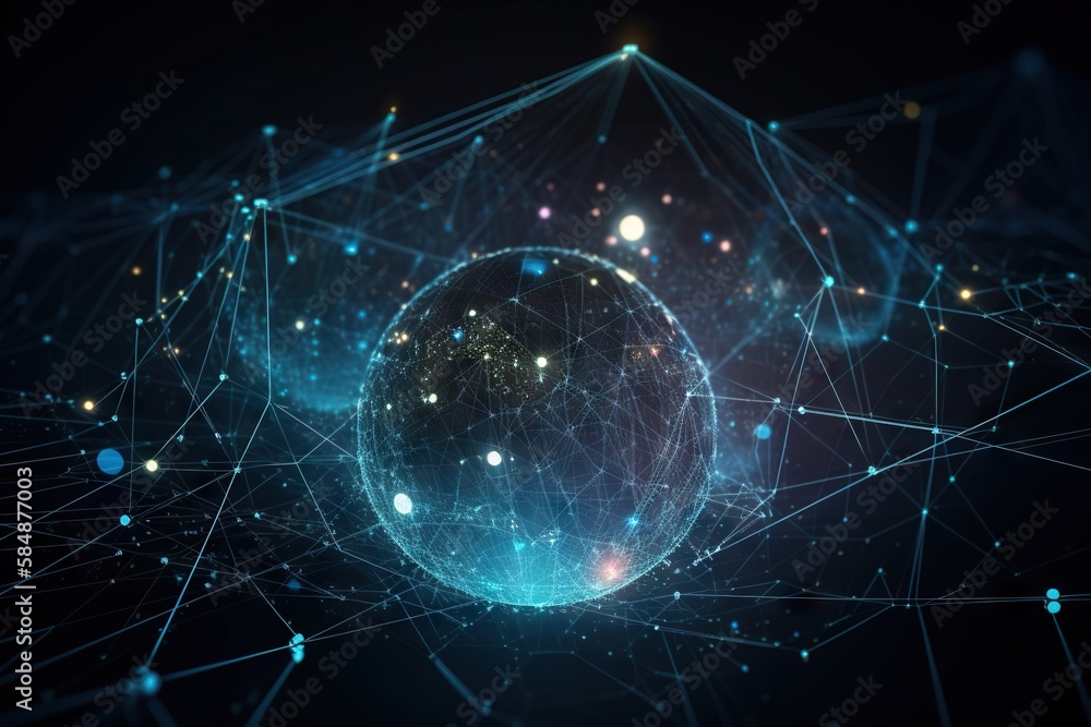 Poster a sphere with a network of dots and lines around it in the dark deep sea trench animation supply cha