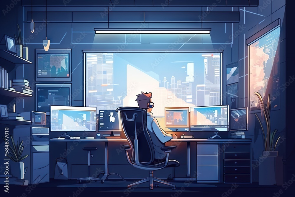 Poster a computer desk with a c at sitting on top of it in front of a window radio station animation gaming