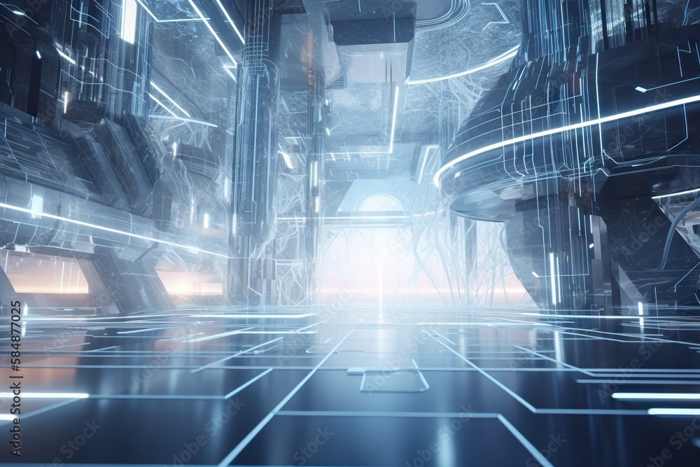 Poster a futuristic city with a lot of lines and lights on the floor factory animation motion graphics gene