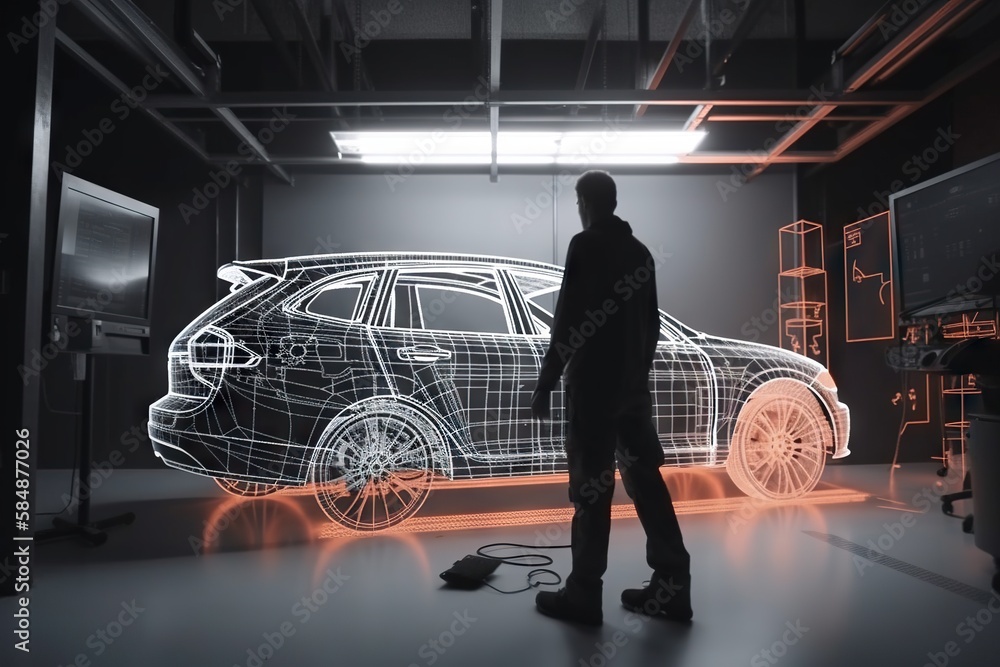 Poster a man standing in front of a car in a garage with a wire frame workshop animation automotive design 