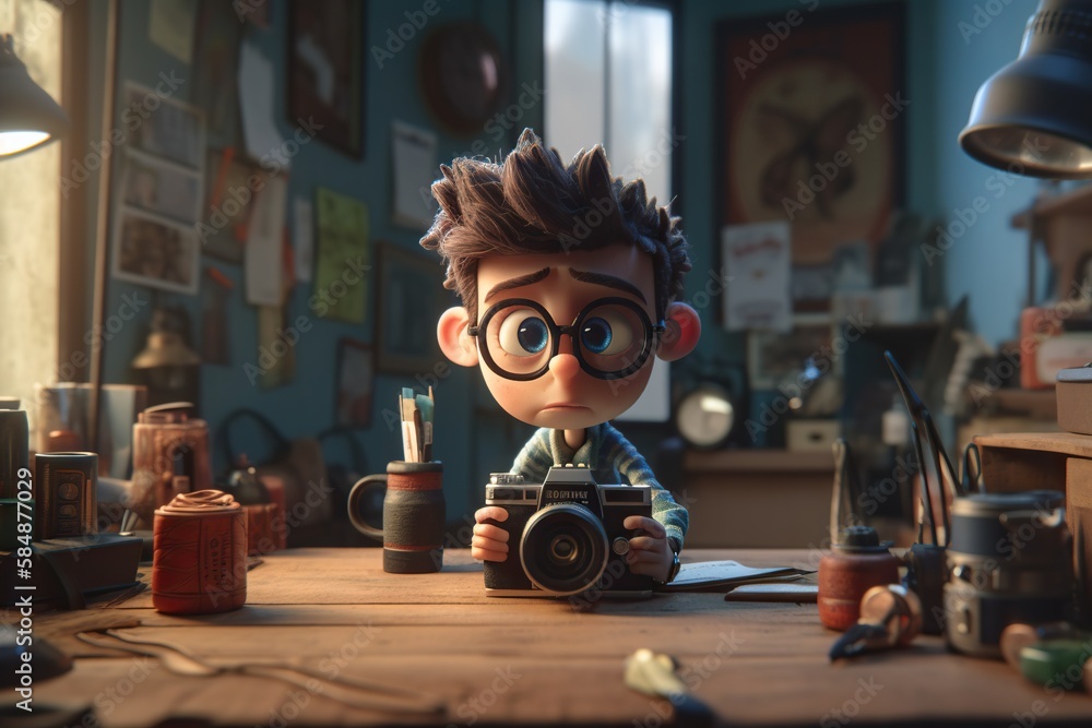 Poster a cartoon character sitting at a table with a camera in front of him bank animation animation filmma