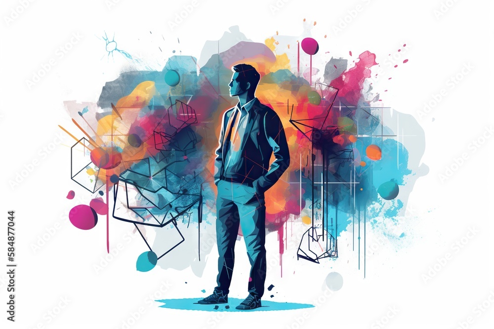 Poster a man standing in front of a colorful background with circles and shapes workshop graphic design tal