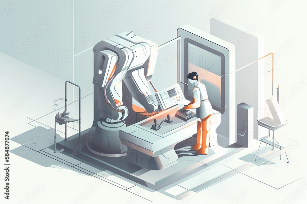 Poster a man is working on a machine in a factory with a robot factory animation manufacturing planning and