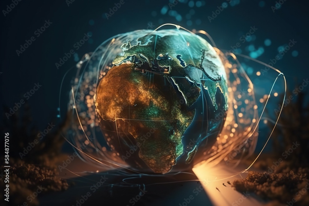 Poster a globe with a light shining on it and a dark background deep sea trench panoramic photography suppl