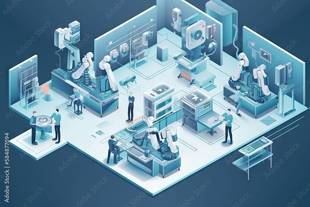 Poster a group of people working in a factory with machines and equipment factory animation manufacturing p