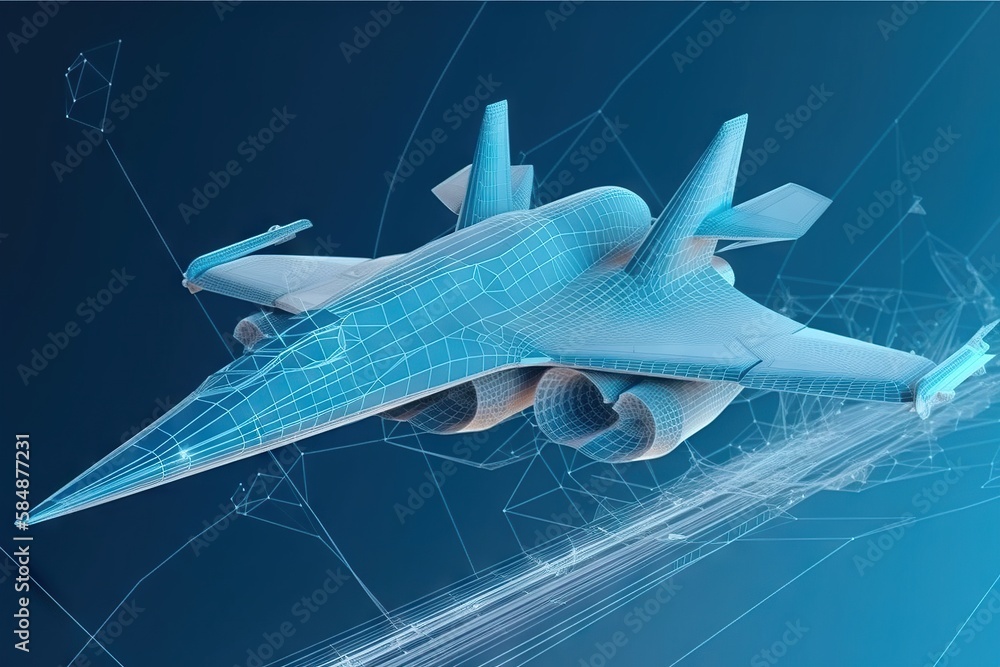 Poster a computer generated image of a jet plane flying in the sky workshop animation manufacturing plannin