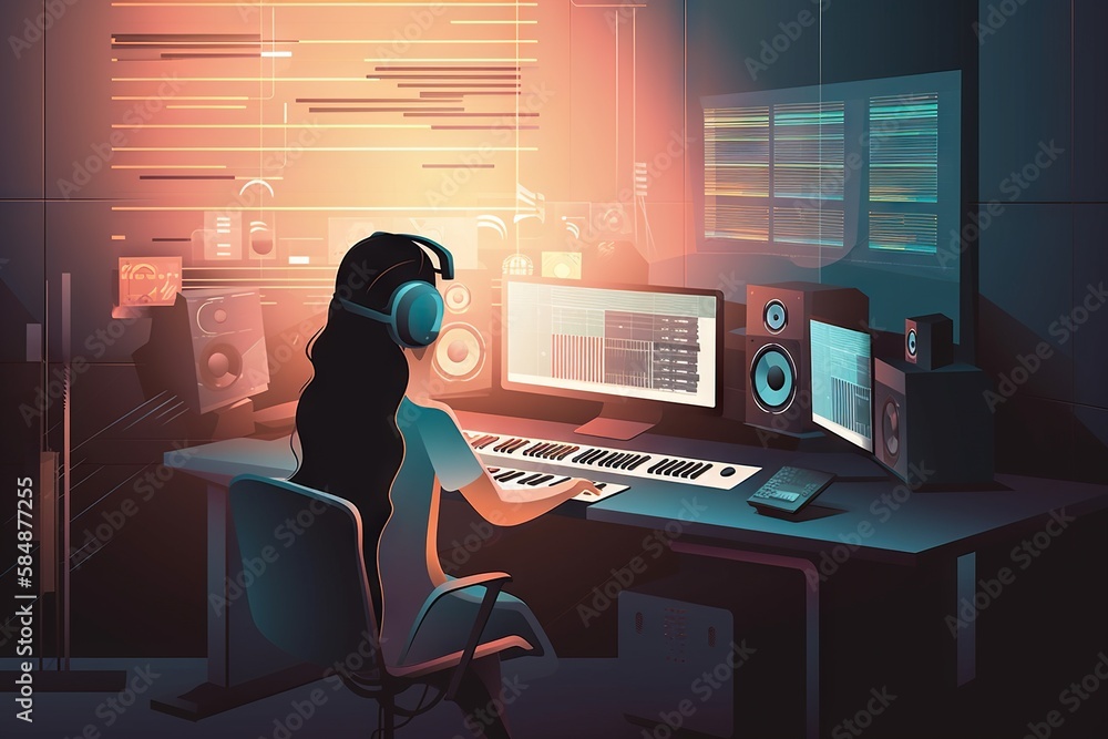 Aufkleber a person wearing headphones sitting at a computer desk with a keyboard and monitor recording studio 