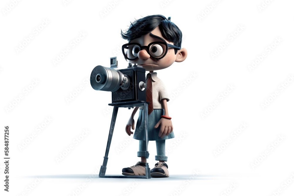 Poster a cartoon character with a camera and a video camera on a tripod movie theater animation animation f