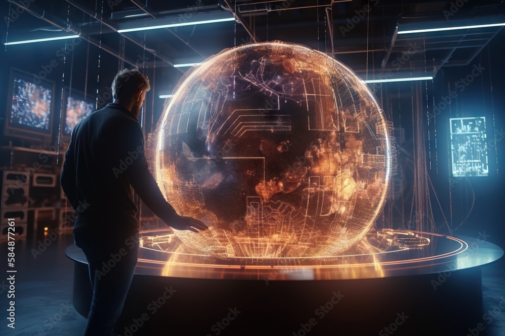 Poster a man standing in front of a large glass ball with a map on it lunar landscape animation motion grap