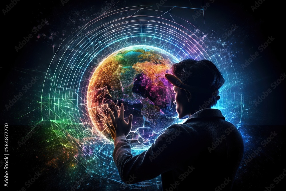Aufkleber a man holding a globe in his hands with a colorful background workshop stereoscopic photography augm