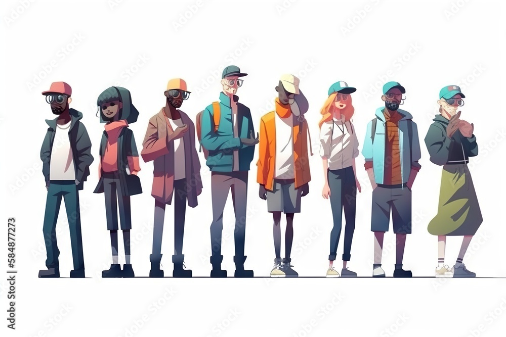 Poster a group of people standing next to each other in front of a white background subway station animatio