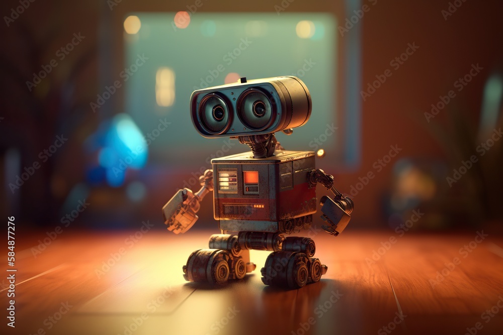 Poster a robot with two eyes and a camera on its head sitting on a wooden floor junkyard animation animatio