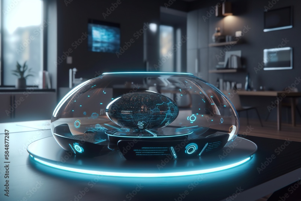 Poster a futuristic looking object on a table in a room with a large window conference room photorealism sm