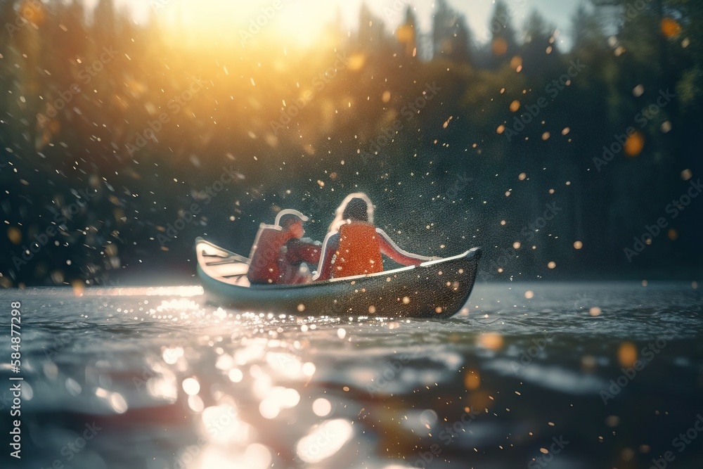 Poster two people in a canoe on a lake with trees in the background lake advertising photography motion gra