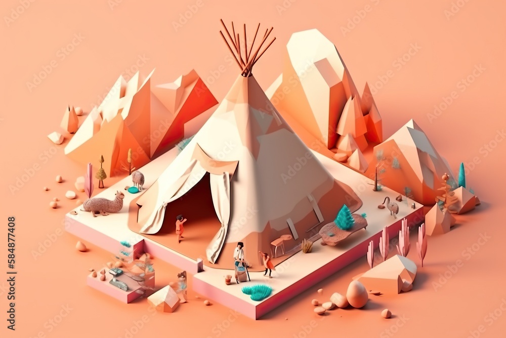 Poster a tent with people standing in front of it and mountains in the background desert paper cutting moti