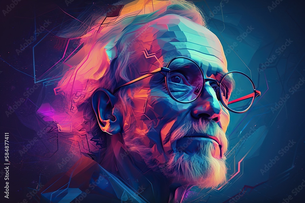 Poster a man with glasses and a beard in a colorful portrait with a geometric background aquarium graphic d