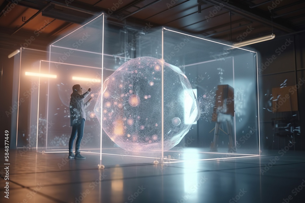 Poster a woman standing in front of a glass cube with a large object inside science museum animation motion