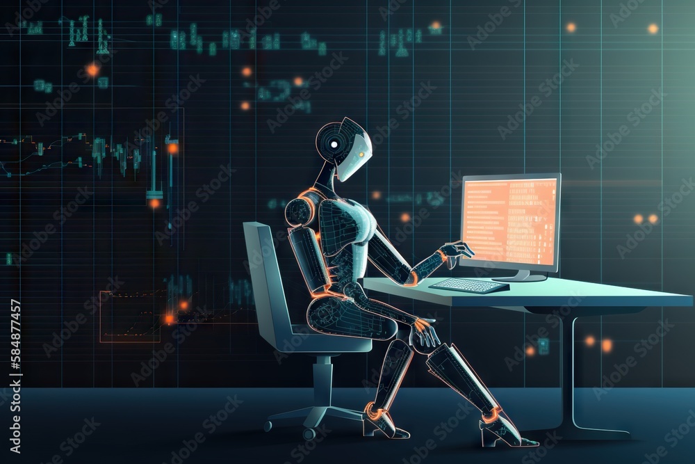 Poster a robot sitting at a desk with a computer on it's lap workshop animation natural language processing