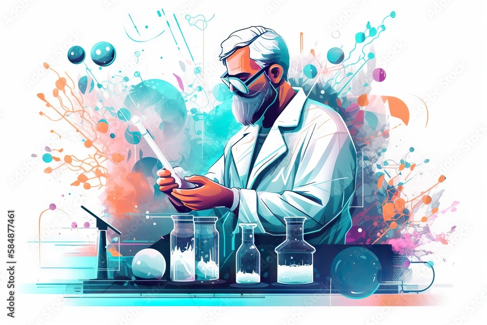 Poster a man in a lab coat is using a cell phone while surrounded by beakles science museum graphic design 