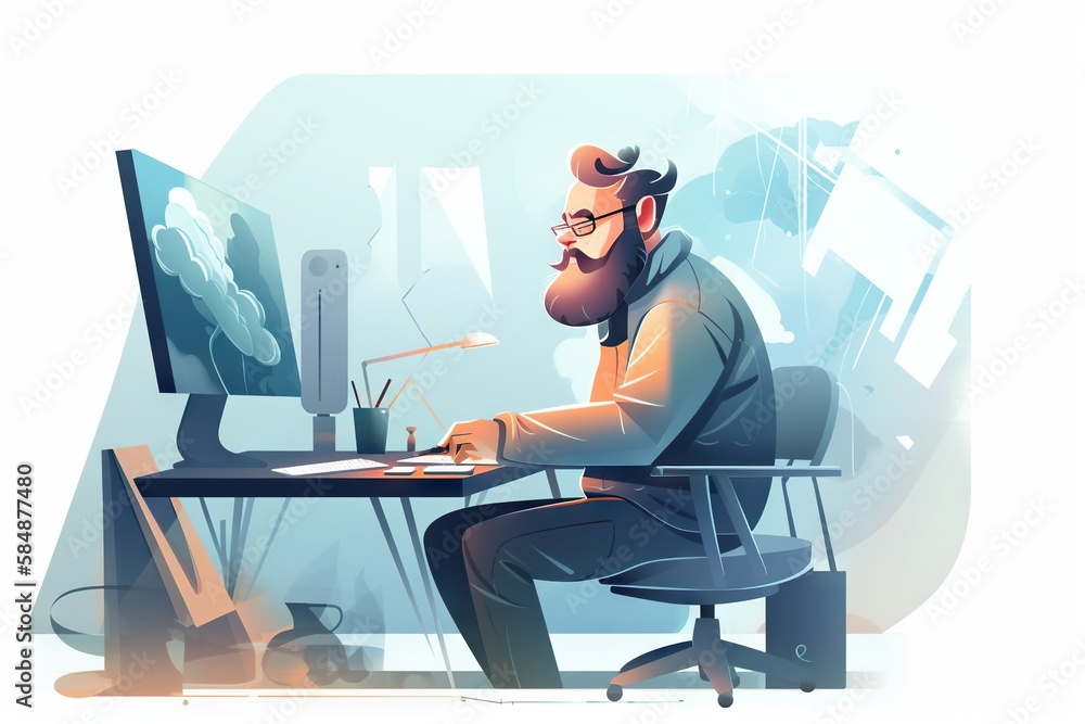 Poster a man sitting at a desk with a computer on it and a monitor workshop animation web design