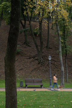 Walking woman with pet blurred in motion in city park