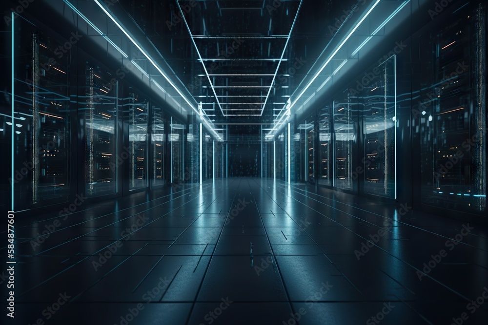 Poster a dark room with a lot of windows and lights on the ceiling factory animation database management