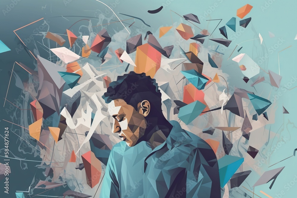 Poster a man is standing in front of a colorful background with triangles junkyard cubism digital illustrat