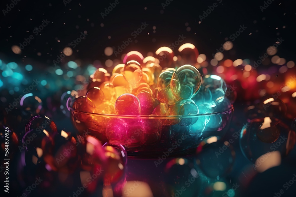 Poster a bowl filled with colorful balls of different colors and sizes on a table bowling alley animation m