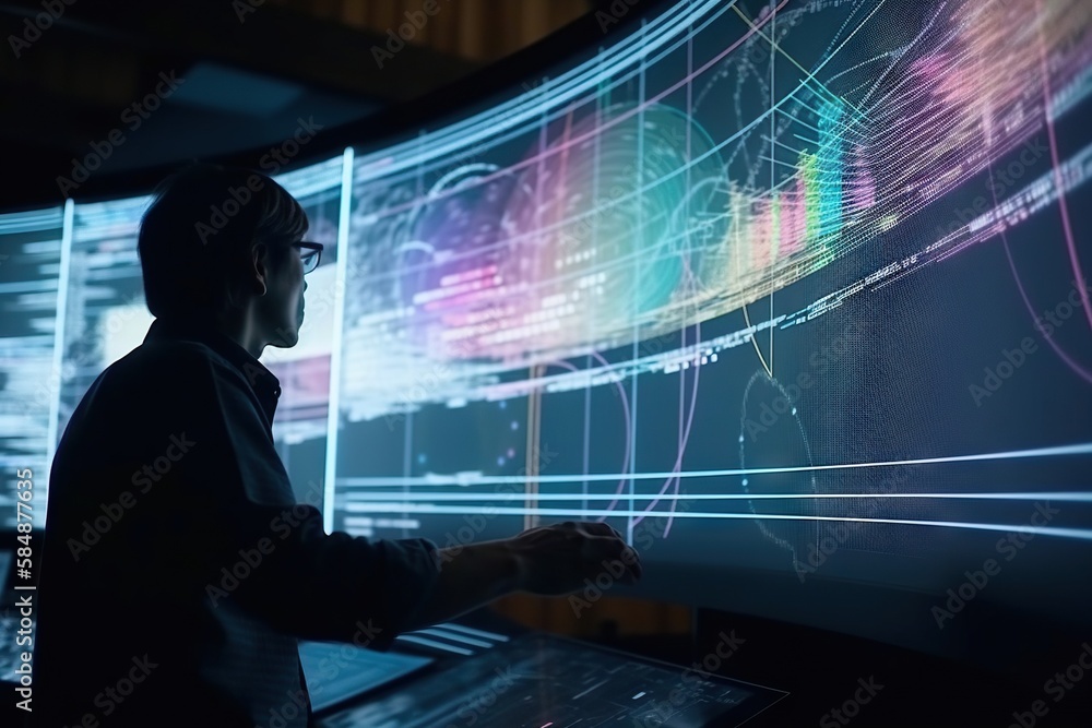 Poster a man is looking at a large screen with many lines on it conference room animation data analytics ge