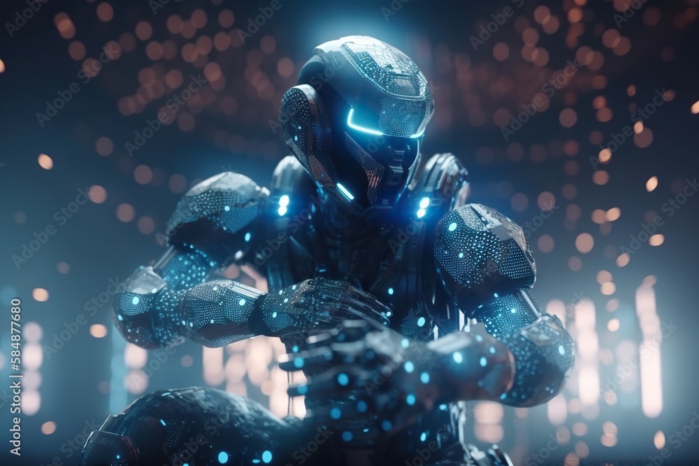 Poster a robot in a futuristic suit with glowing lights in the background arcade animation artificial intel