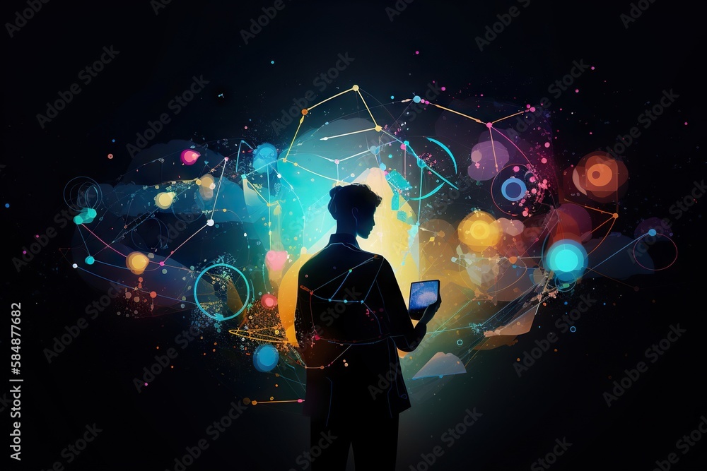 Aufkleber a man standing in front of a computer screen with a colorful background workshop graphic design data