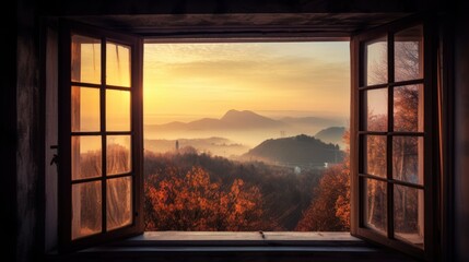 室内から眺める朝の景色　イメージイラスト　generative AI　