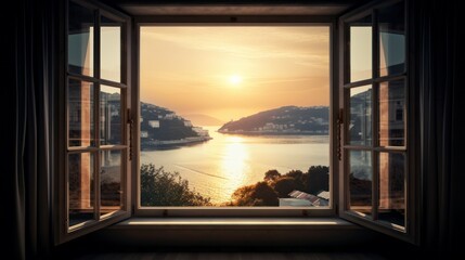 室内から眺める朝の景色　イメージイラスト　generative AI　
