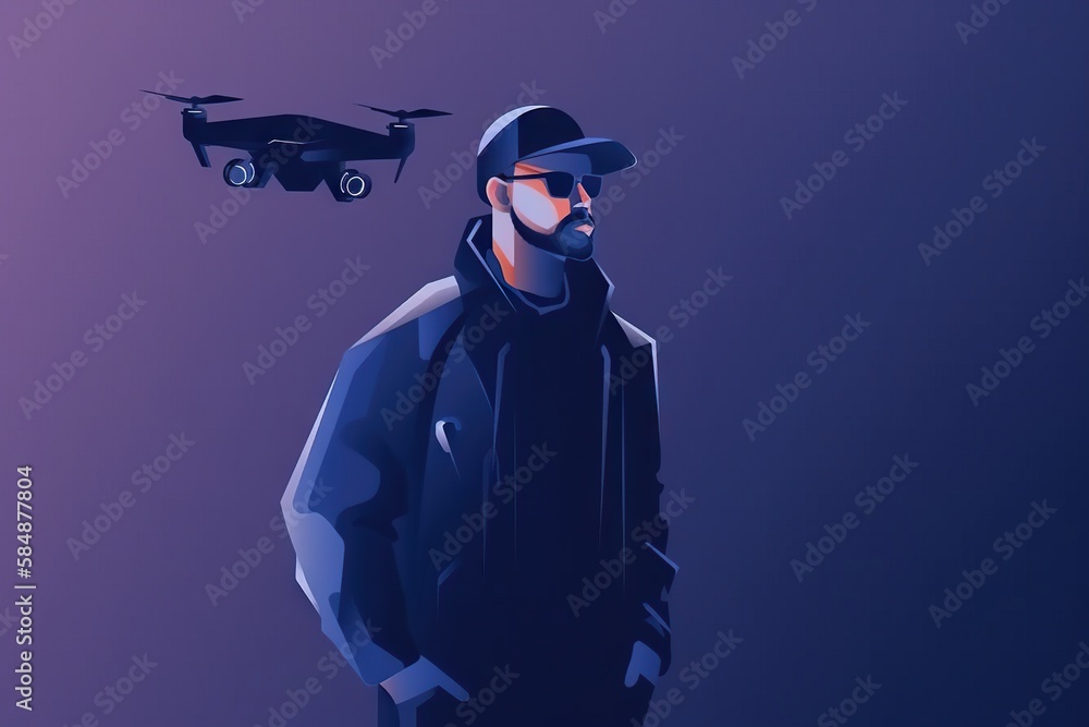 Poster a man in a black jacket and hat standing next to a flying object factory animation vector art genera