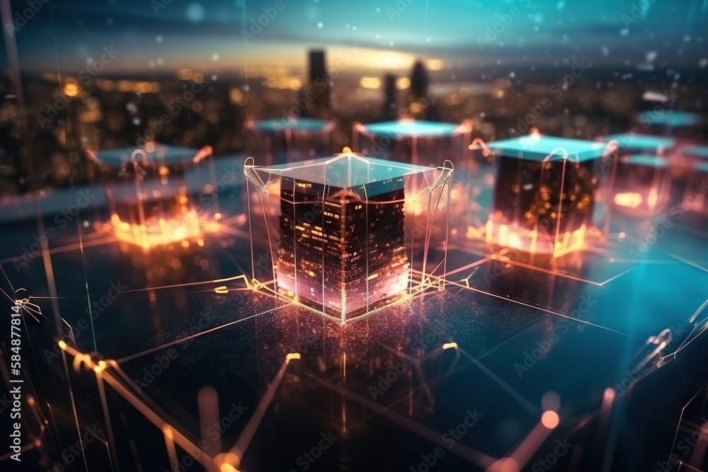 Poster a futuristic city with a cube in the middle of it and lights on factory animation supply chain optim