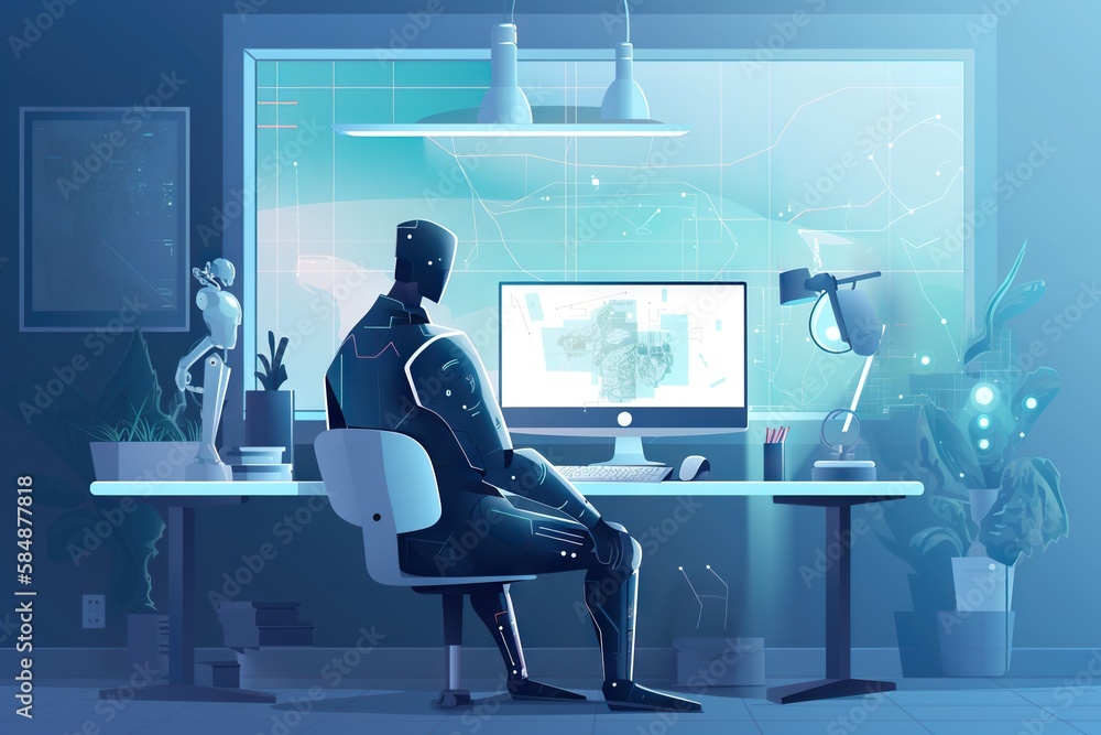 Poster a man sitting in a chair in front of a computer monitor workshop animation artificial intelligence