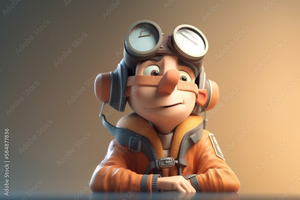 Poster a cartoon character with a gas mask and goggles on his head construction site animation animation ge