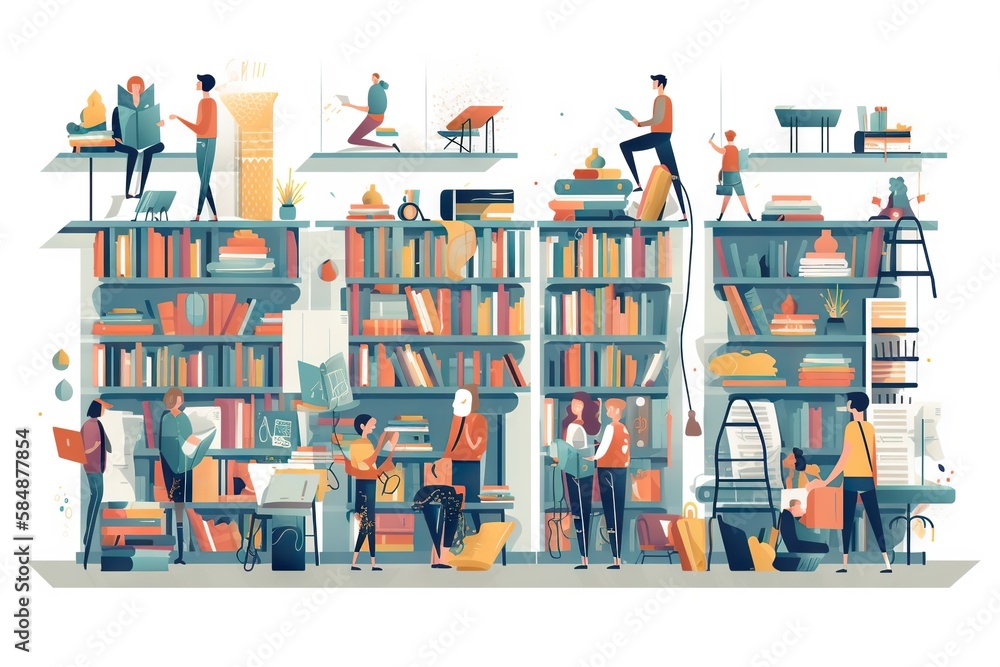 Poster a group of people standing around a bookshelf filled with books library typography book design