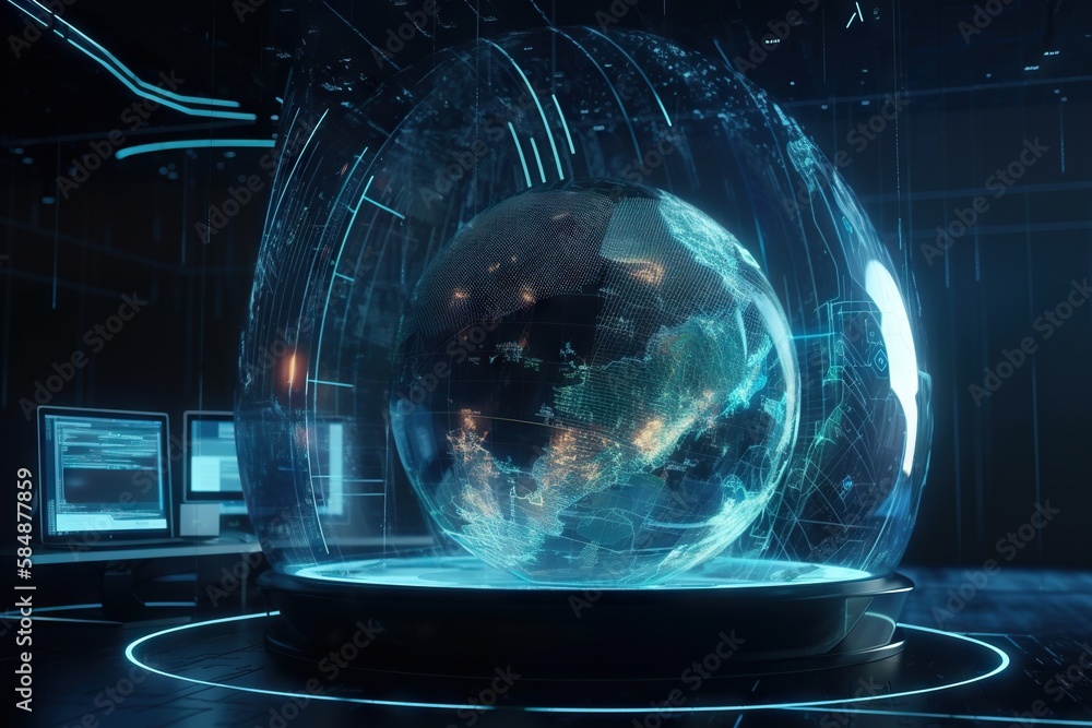 Poster a glass sphere with a map of the world inside it in a dark room deep sea trench animation motion gra