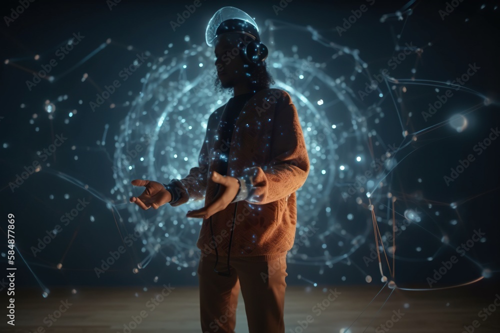 Poster a man standing in front of a blue and white background with lines and dots workshop video art motion