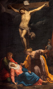 GENOVA, ITALY - MARCH 6, 2023: The painting of Crucifixion in the church Basilica della Santissima Annunziata del Vastato by Francesco Scotto (1750 - 1826).